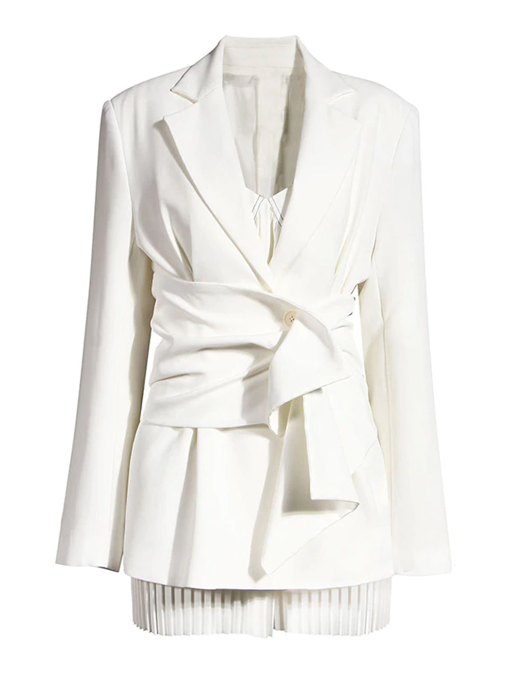 White Notch Lapel Ruched Corset Belt Long Sleeve Blazer 10