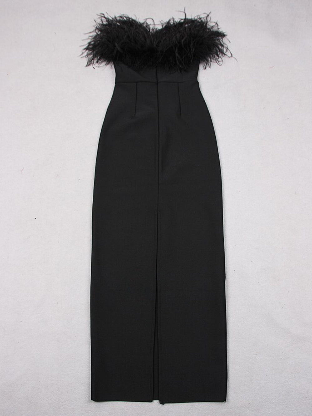 Black Strapless Feather Trim Bodycon Column Maxi Dress 5