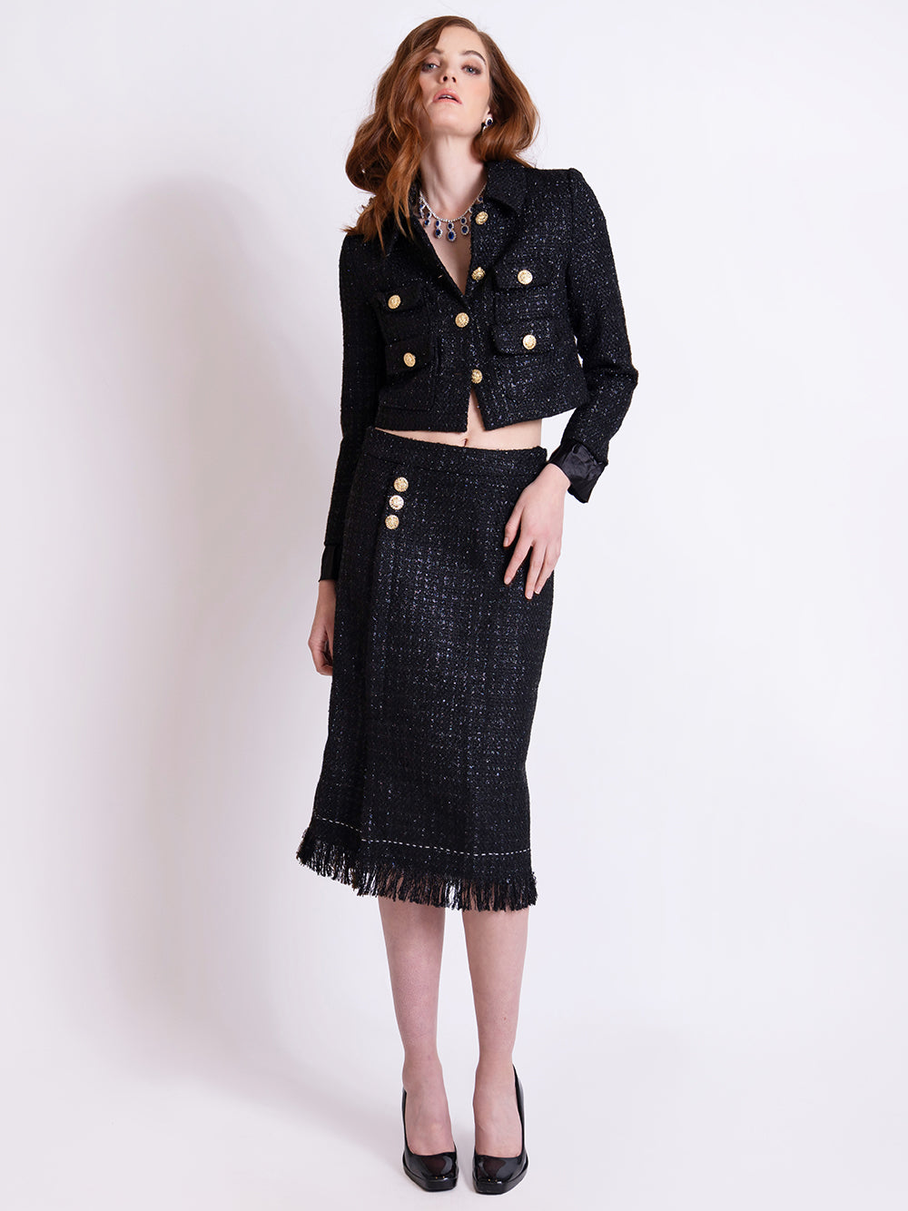 Black Gold Button Tweed Cropped Jacket and Fringe Skirt Set