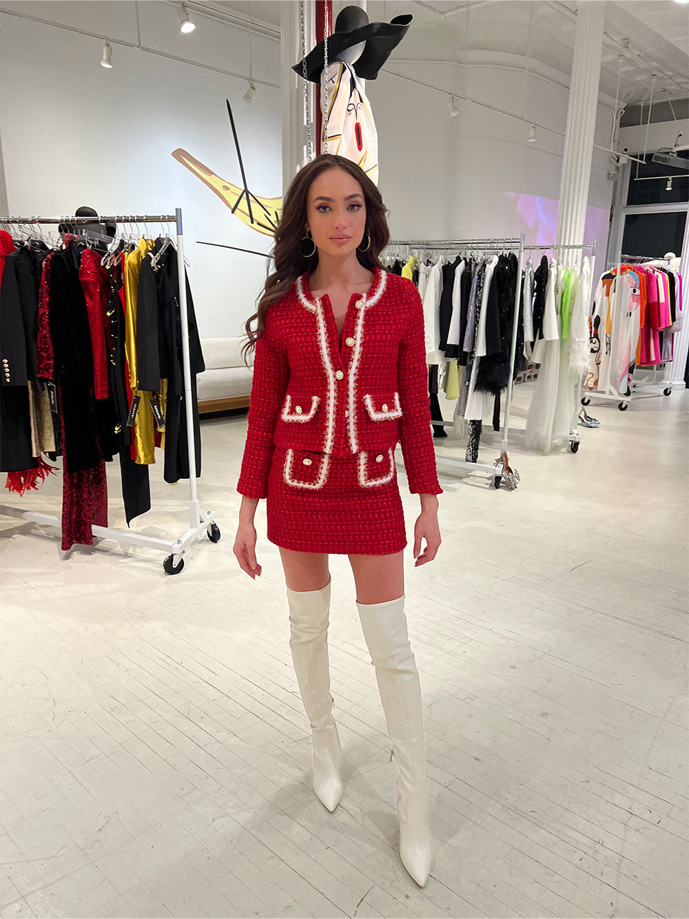 Red Pearl Button Contrast Trim Tweed Jacket and Mini Skirt Set 7