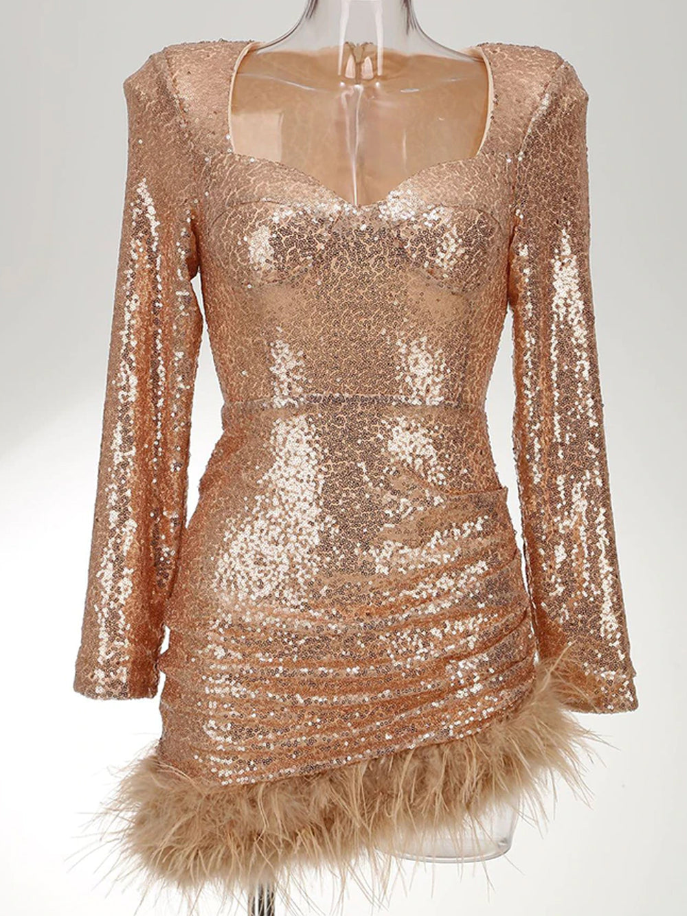 Gold Sweetheart Illusion Long Sleeve Sequin Feather Hem Bodycon Mini Dress 6