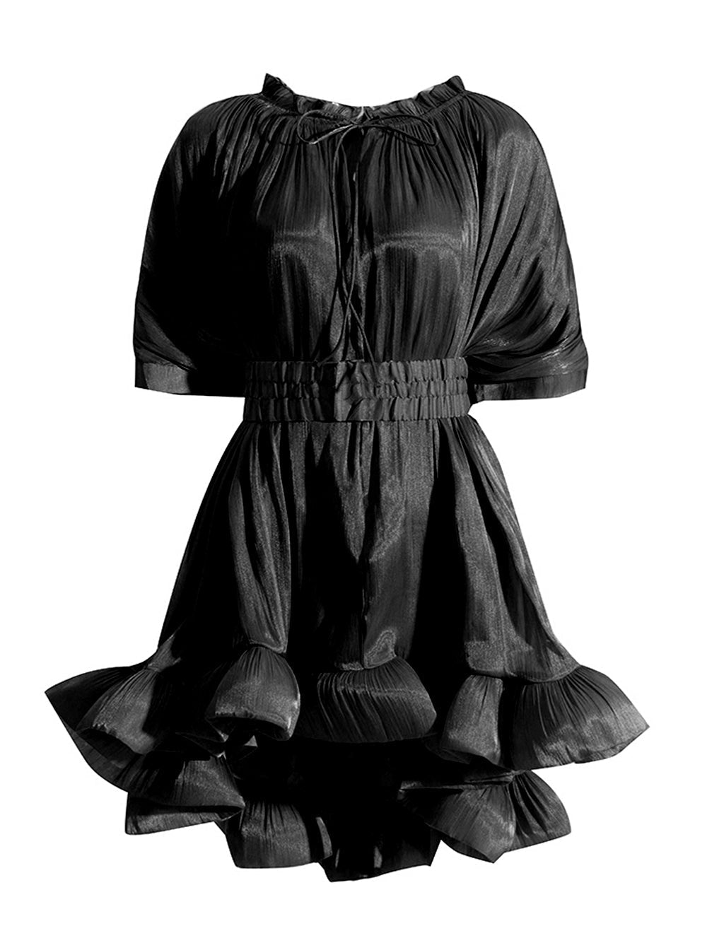 Tie Neck Ruffle Hem Batwing Sleeve Belted Flared Mini Dress