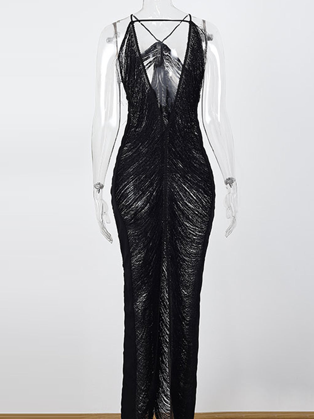 Black Halter Neck Distressed Fringe Sheer Bodycon Maxi Dress
