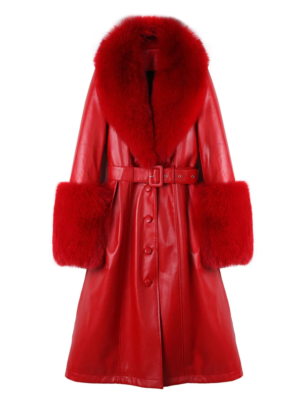 Red Faux Fur Collar Belted Leather Longline Coat 7