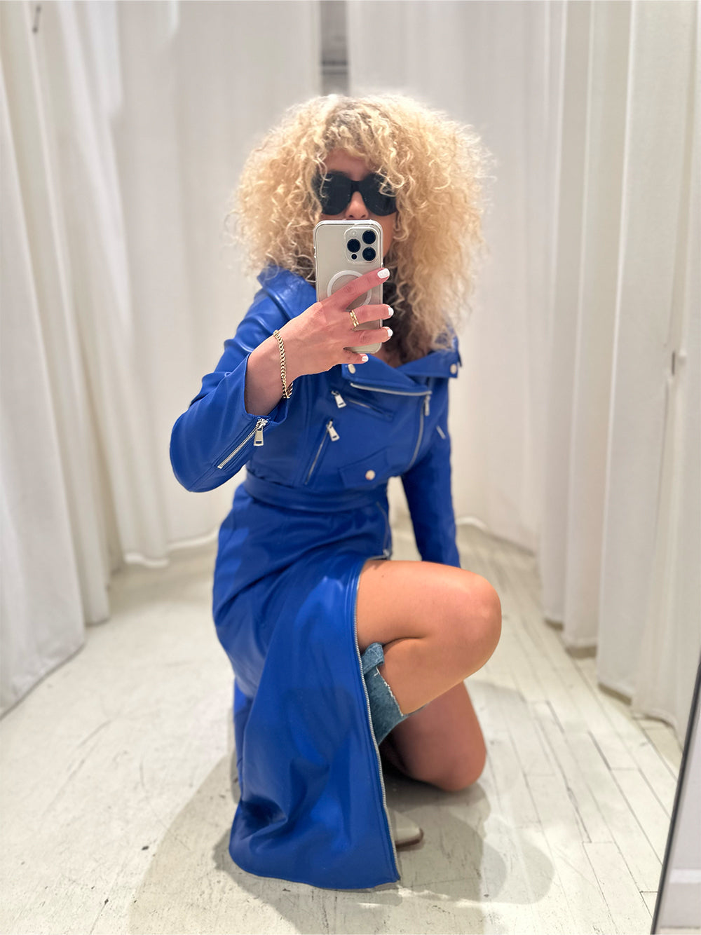 Royal Blue Off-Shoulder Long Sleeve Zip Front Belted Leather Maxi Dress 7