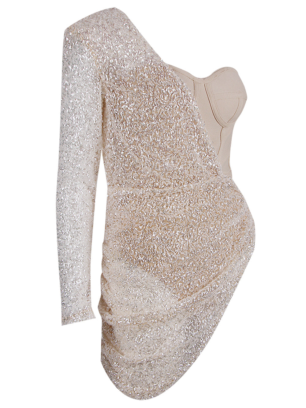 Beige One-Shoulder Sequin Long Sleeve Bodycon Mini Dress