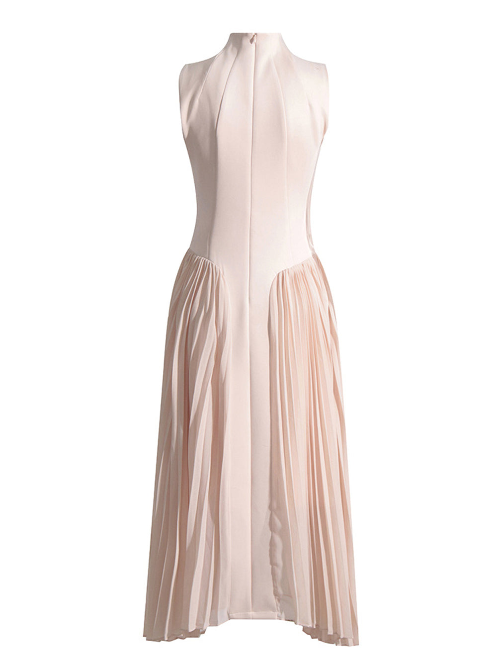 Apricot Mock Neck Sleeveless Grid Seam Pleated Fit And Flare Midi Dress