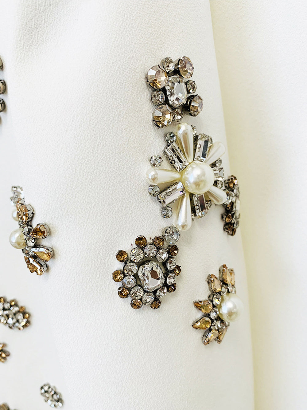 White Rhinestone Floral Embellished Cropped Jacket and Split Flared Pants Set
