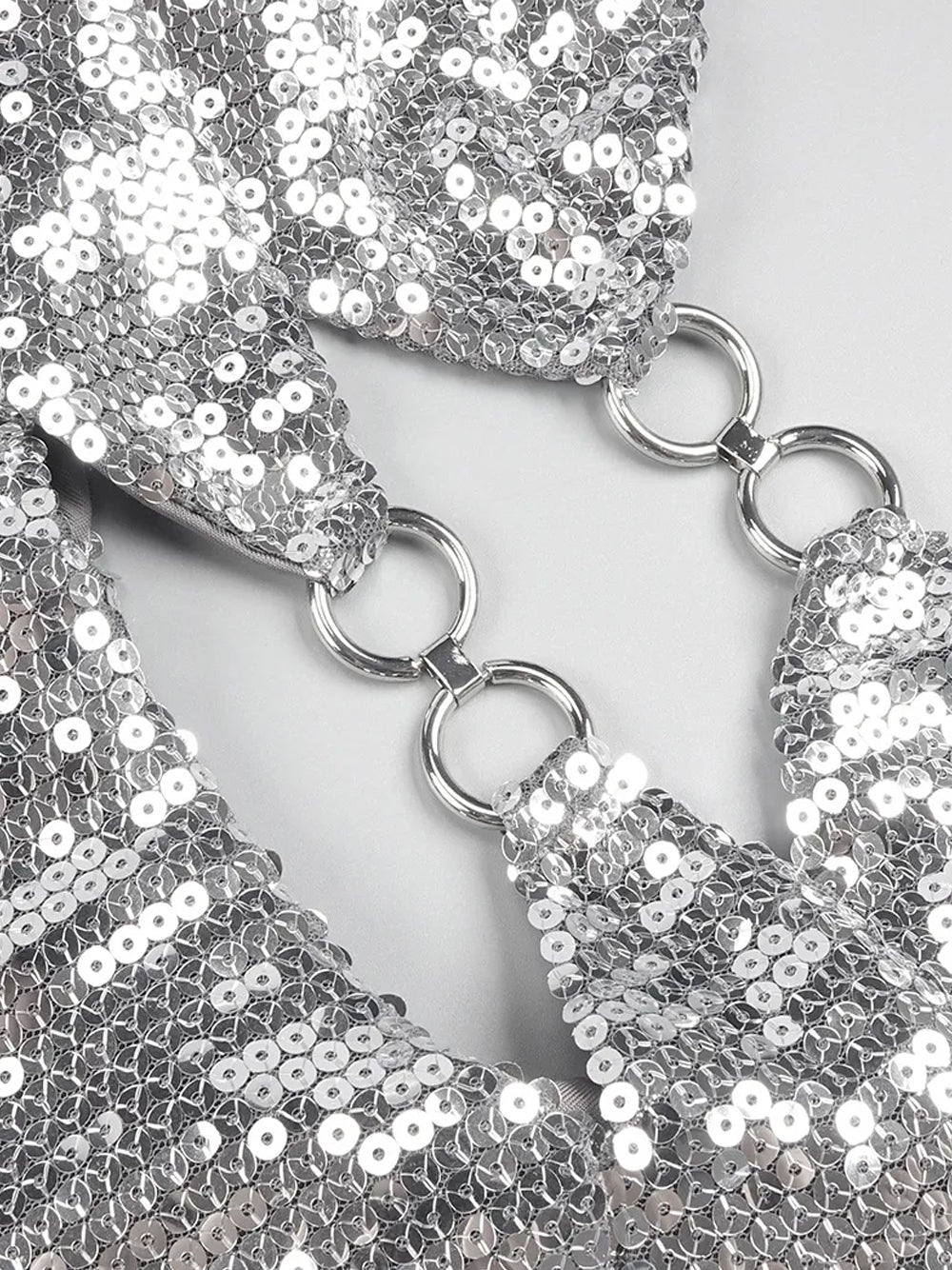 Silver Spaghetti Strap Sequin O-Ring Cutout Bodycon Mini Dress 4