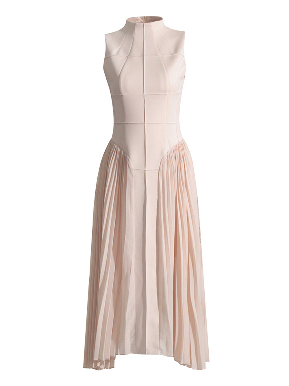 Apricot Mock Neck Sleeveless Grid Seam Pleated Fit And Flare Midi Dress