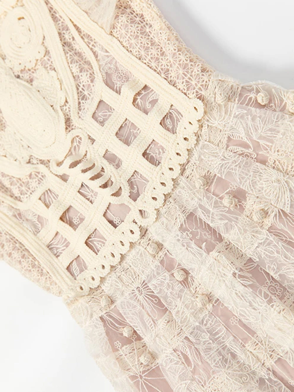 Beige Round Neck Puff Sleeve Crochet Lace Cutout A-Line Midi Dress 7