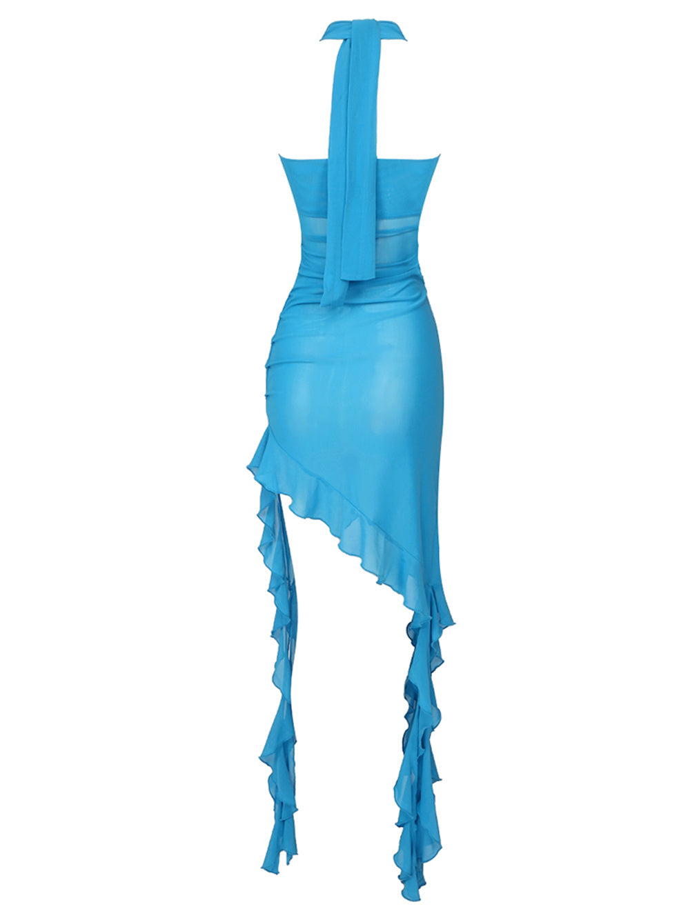Blue Strapless Rosette Flower Ruched Asymmetric Ruffle High Slit Maxi Dress 7