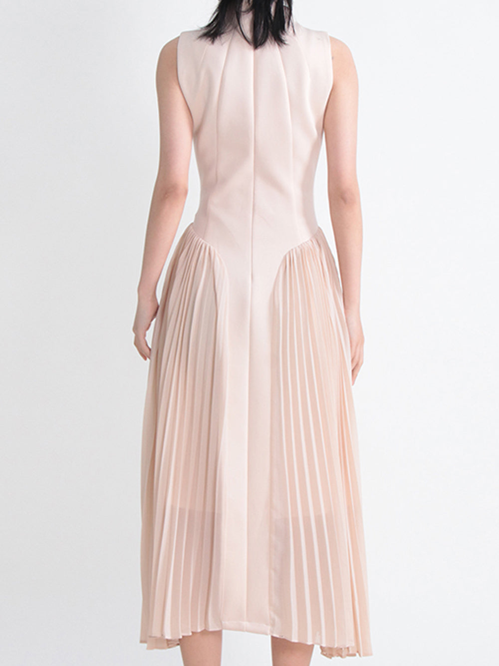 Apricot Mock Neck Sleeveless Grid Seam Pleated Fit And Flare Midi Dress