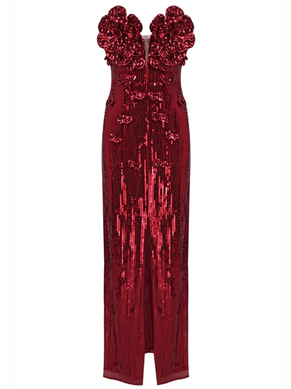 Red Strapless Floral Applique Sequin High Slit Column Gown