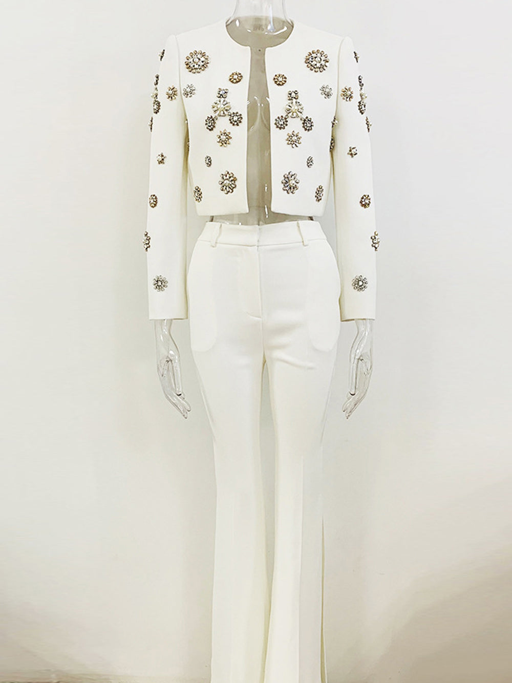 White Rhinestone Floral Embellished Cropped Jacket and Split Flared Pants Set