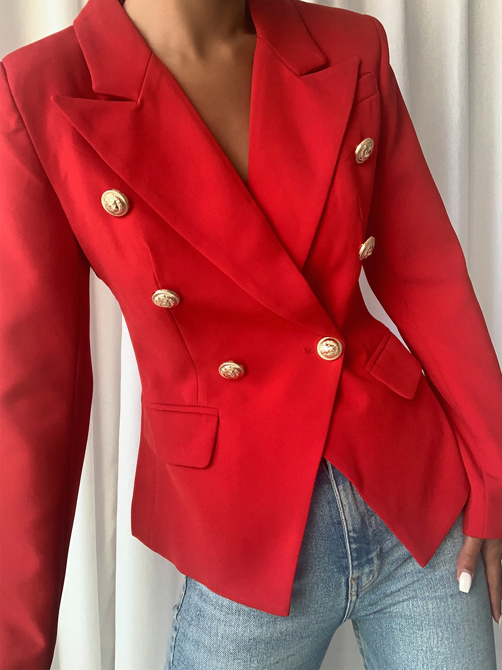 Red Peaked Lapel Gold Button Double-Breasted Blazer 3