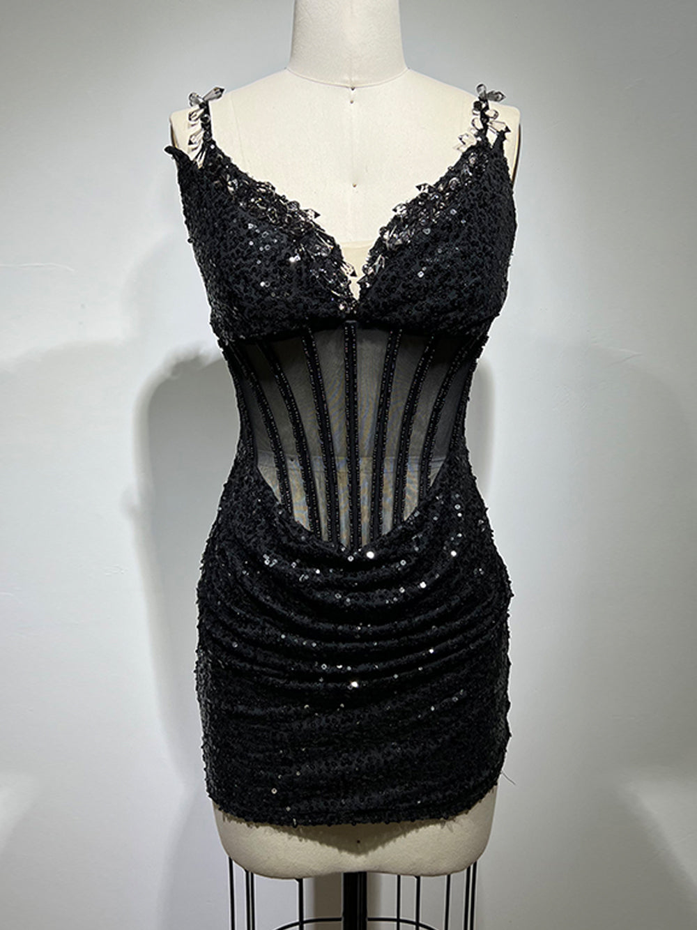 Black V-Neck Beaded Sequin Sheer Corset Ruched Bodycon Mini Dress
