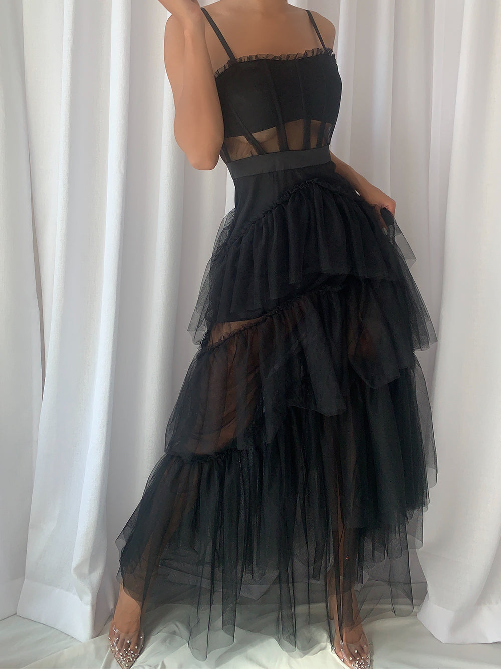 Black Strap Corset Bustier Sheer Tiered Ruffle Tulle Maxi Gown 3