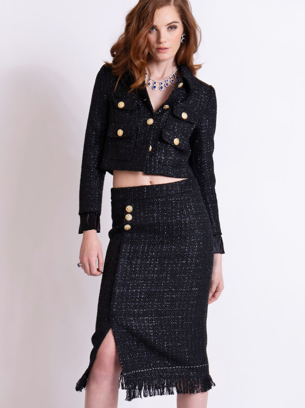 Black Bow Brooch Gold Button Tweed Jacket and Fringe Skirt Set 26
