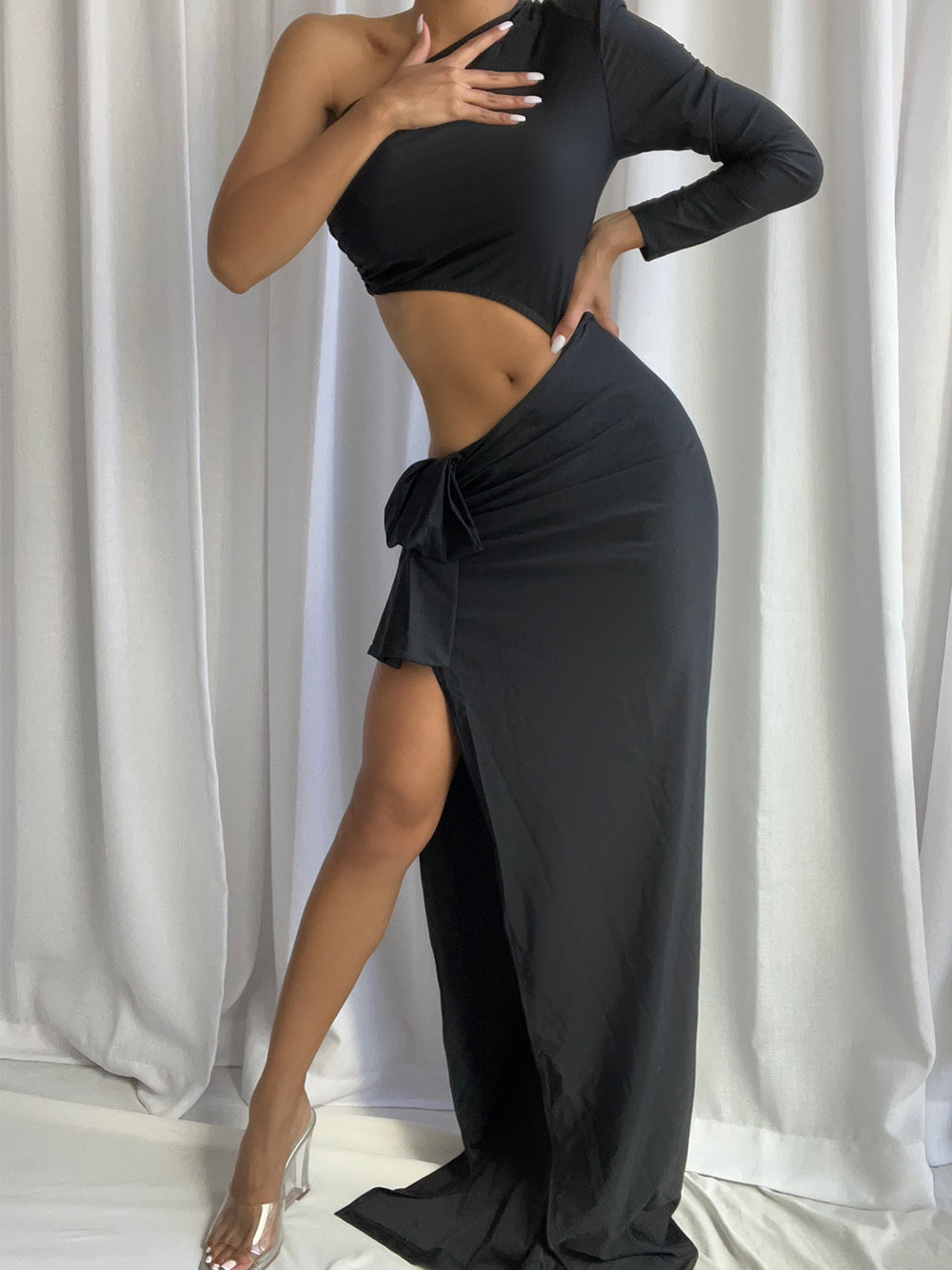 Black One Shoulder One Sleeve Cutout High Slit Bodycon Maxi Dress