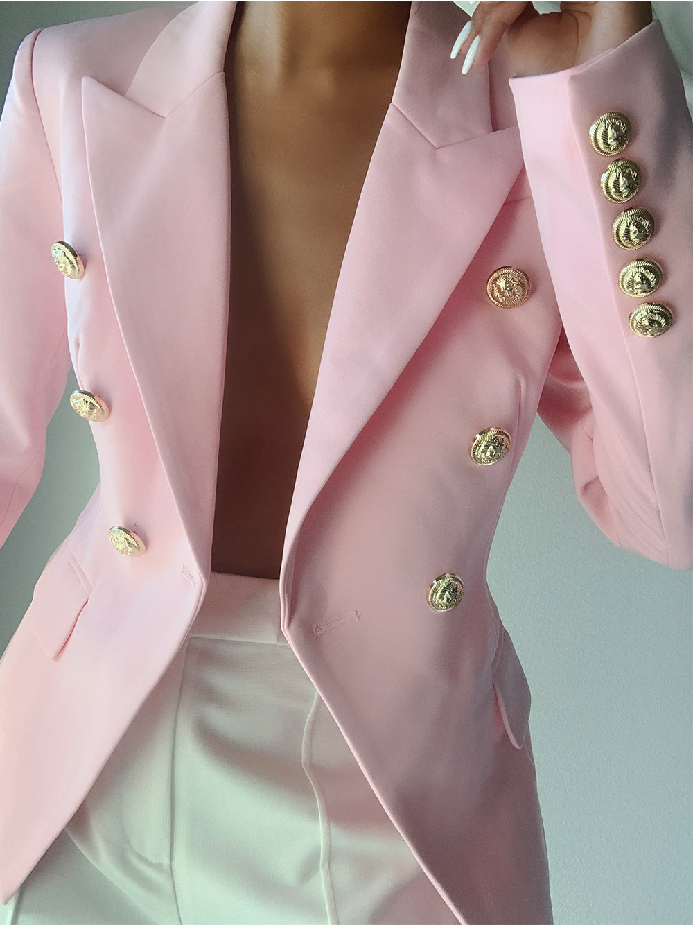 Pink Peak Lapel Gold Button Double Breasted Fitted Blazer 5