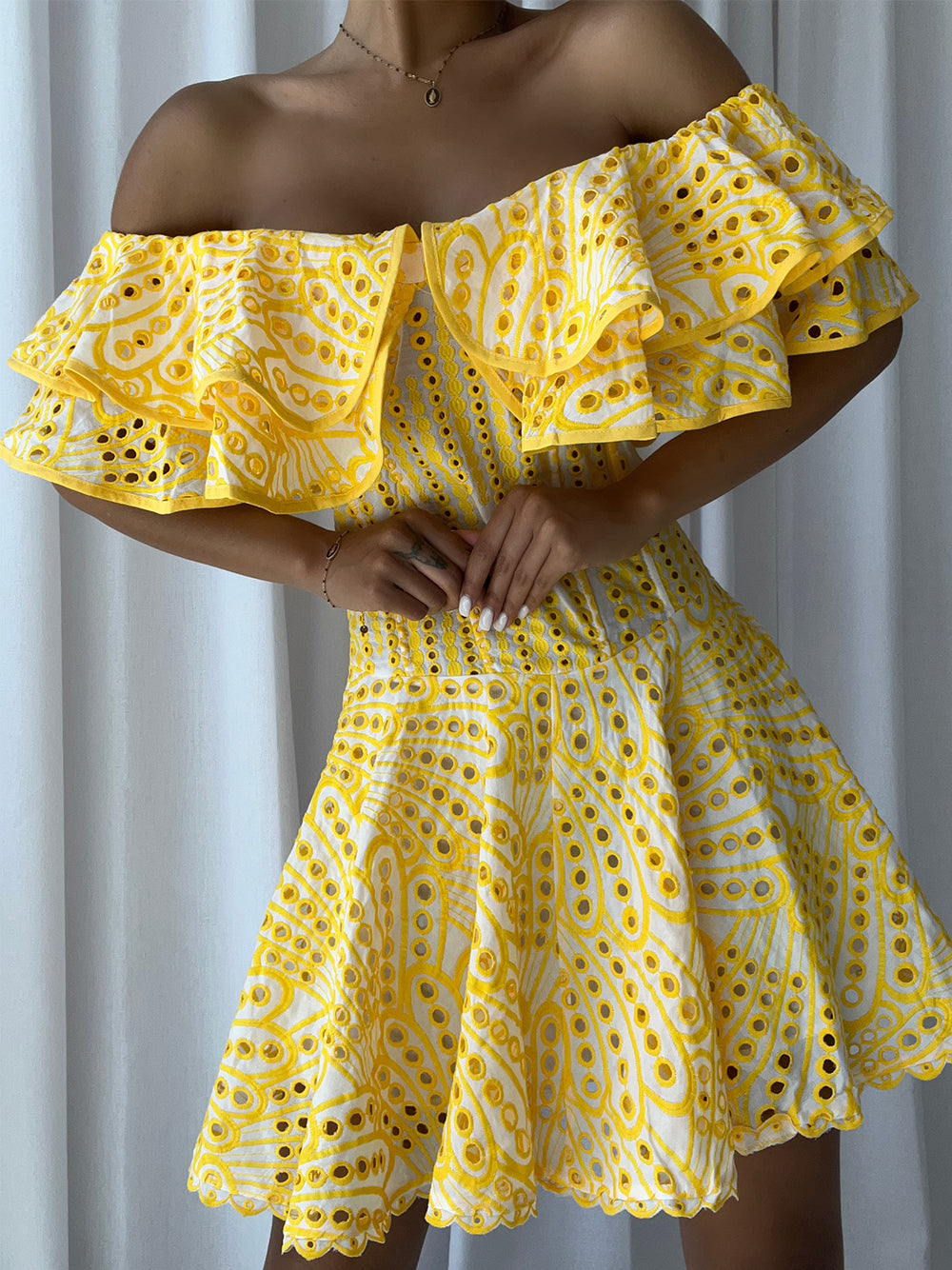 Yellow Off-Shoulder Ruffle Eyelet Embroidered Flared Mini Dress 4