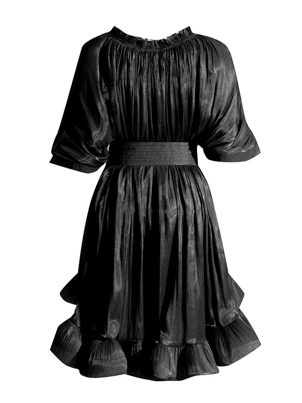 Tie Neck Ruffle Hem Batwing Sleeve Belted Flared Mini Dress