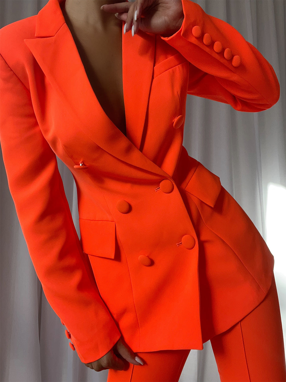 Orange Peak Lapel Double-Breasted Blazer Skinny Pants Set