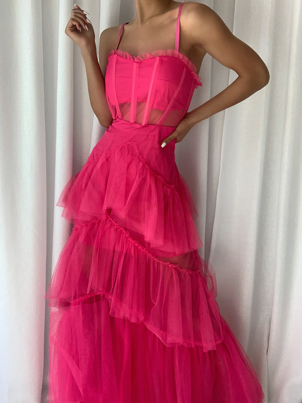 Fuchsia Square Neck Strap Corset Tulle Tiered Ruffle Maxi Gown 2