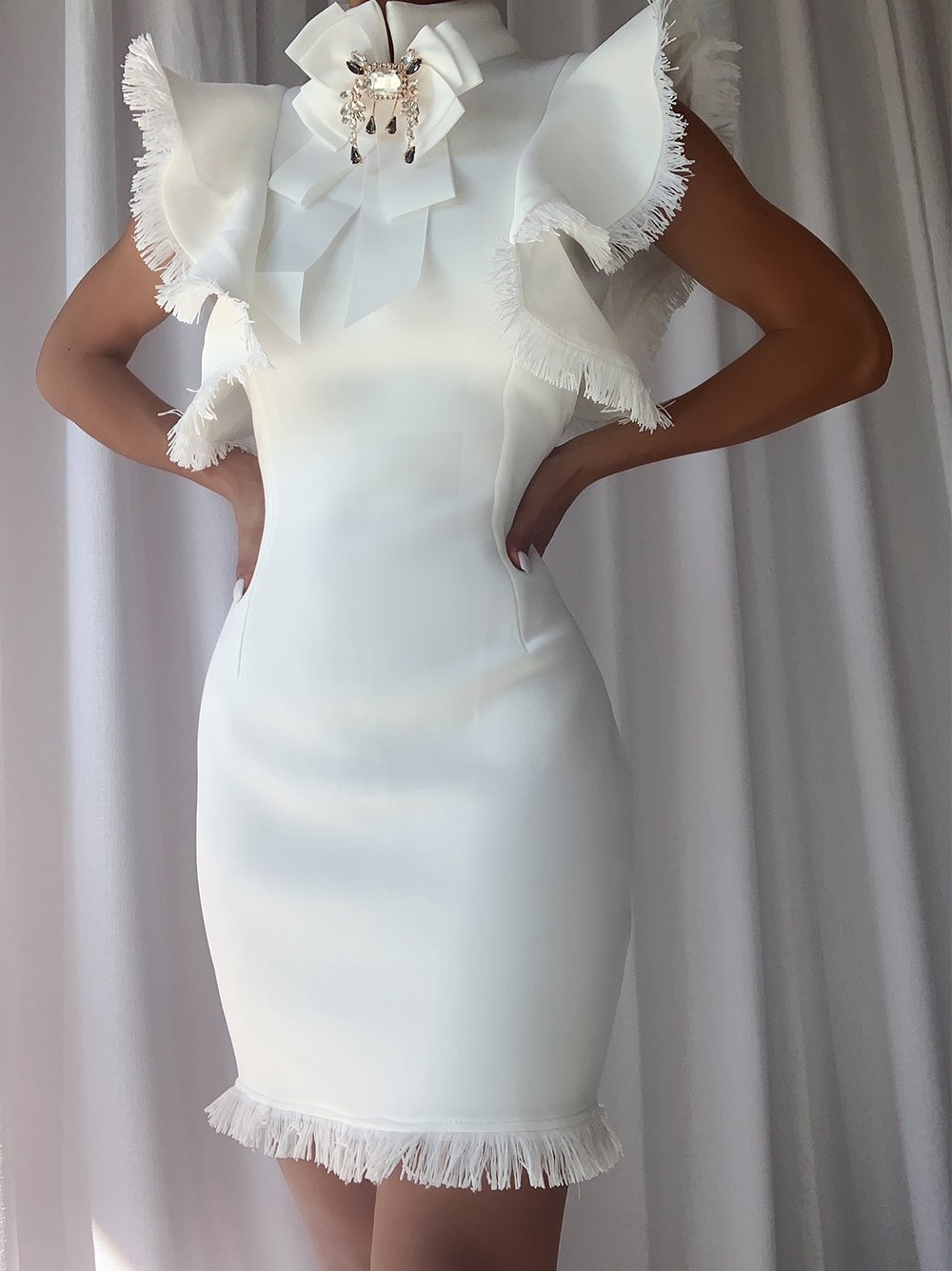 White High Neck Frayed Ruffle Trim Embellished Bodycon Mini Dress