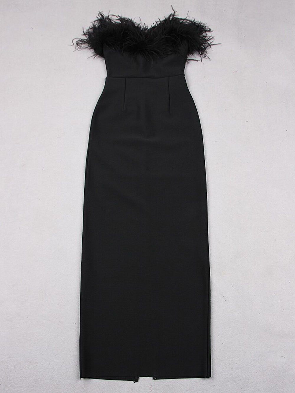 Black Strapless Feather Trim Bodycon Column Maxi Dress 4