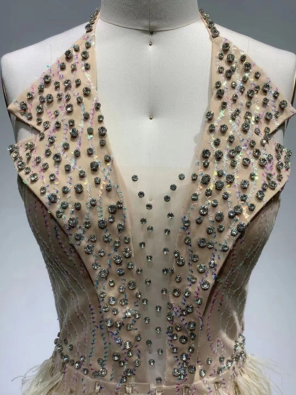 Beige Halter Neck Rhinestone Feather Skirt Bodycon Mini Dress