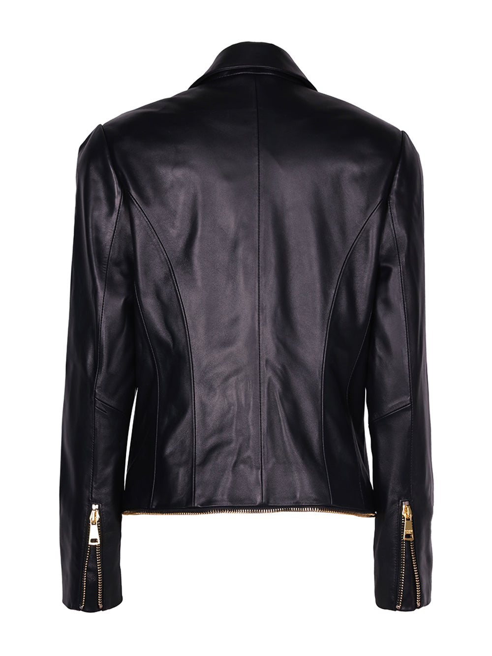 Black Peak Lapel Double Breasted Gold Button Zip Leather Blazer