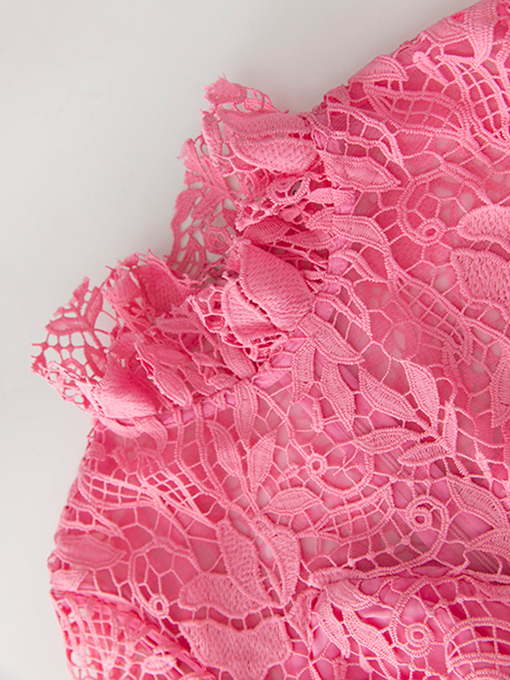 Pink Ruffle High Neck Bell Sleeve Crochet Lace Tiered Mermaid Maxi Dress 3
