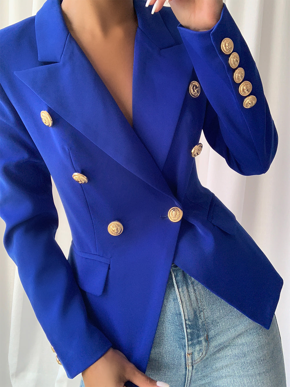 Blue Peak Lapel Double-Breasted Gold Button Blazer 3
