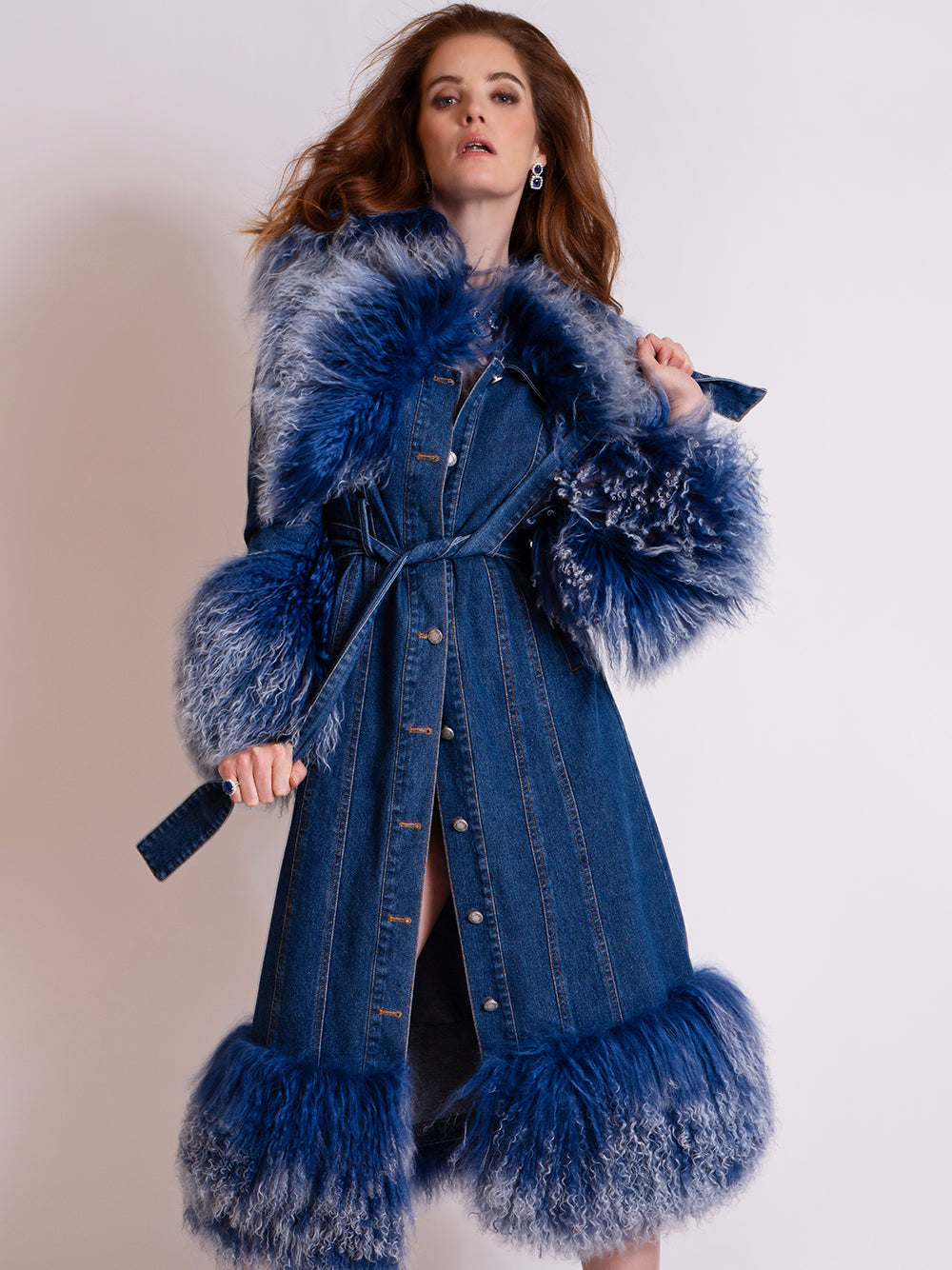 Denim Shaggy Fur Collar Cuff Hem Belted Button-Up Denim Coat 16