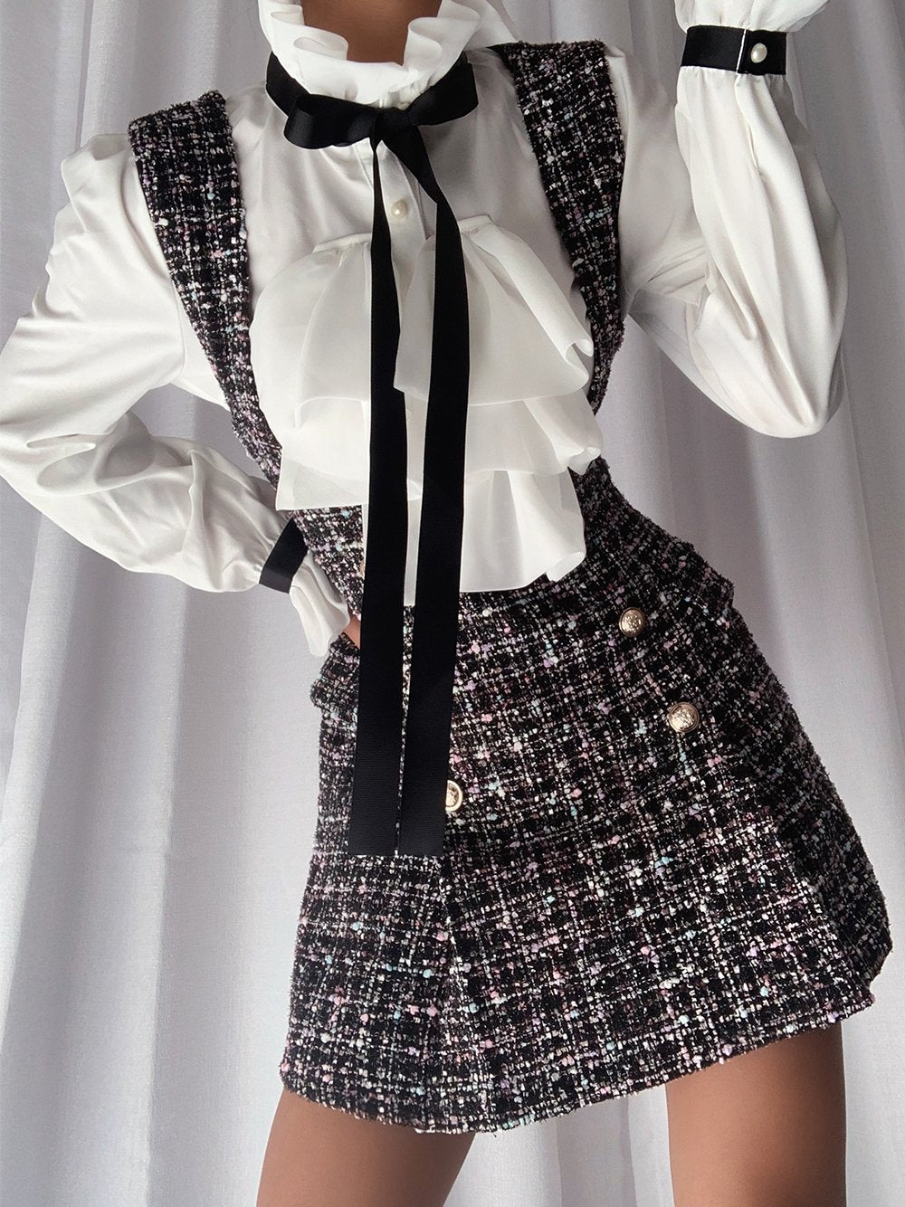 Gray Ruffle Tie Neck Blouse Tweed Pinafore Mini Skirt Set 11