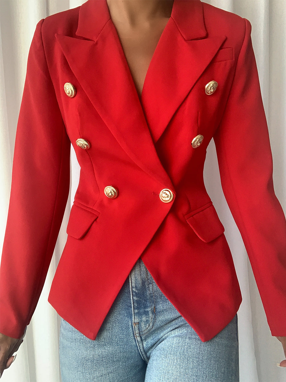 Red Peaked Lapel Gold Button Double-Breasted Blazer 2
