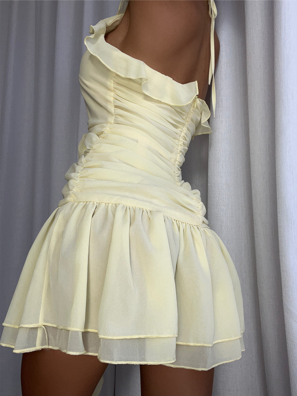 Yellow Halter Plunge Ruffle Chiffon Rosette Drop Waist Mini Dress