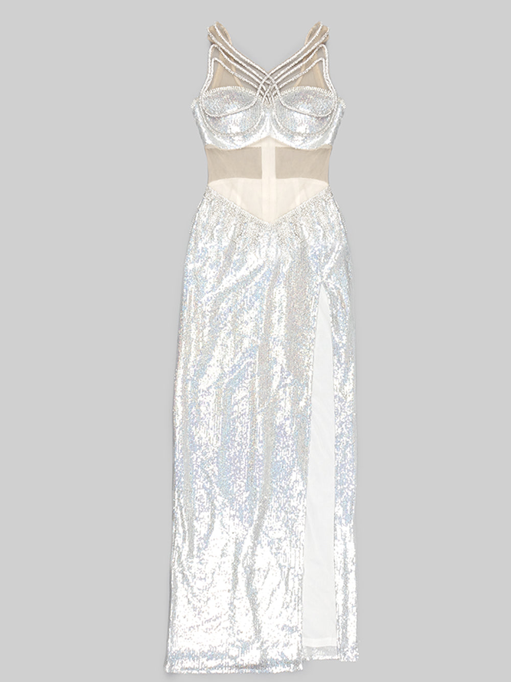 Silver Strappy Rhinestone Fringe Cutout Sequin High Slit Maxi Gown 4