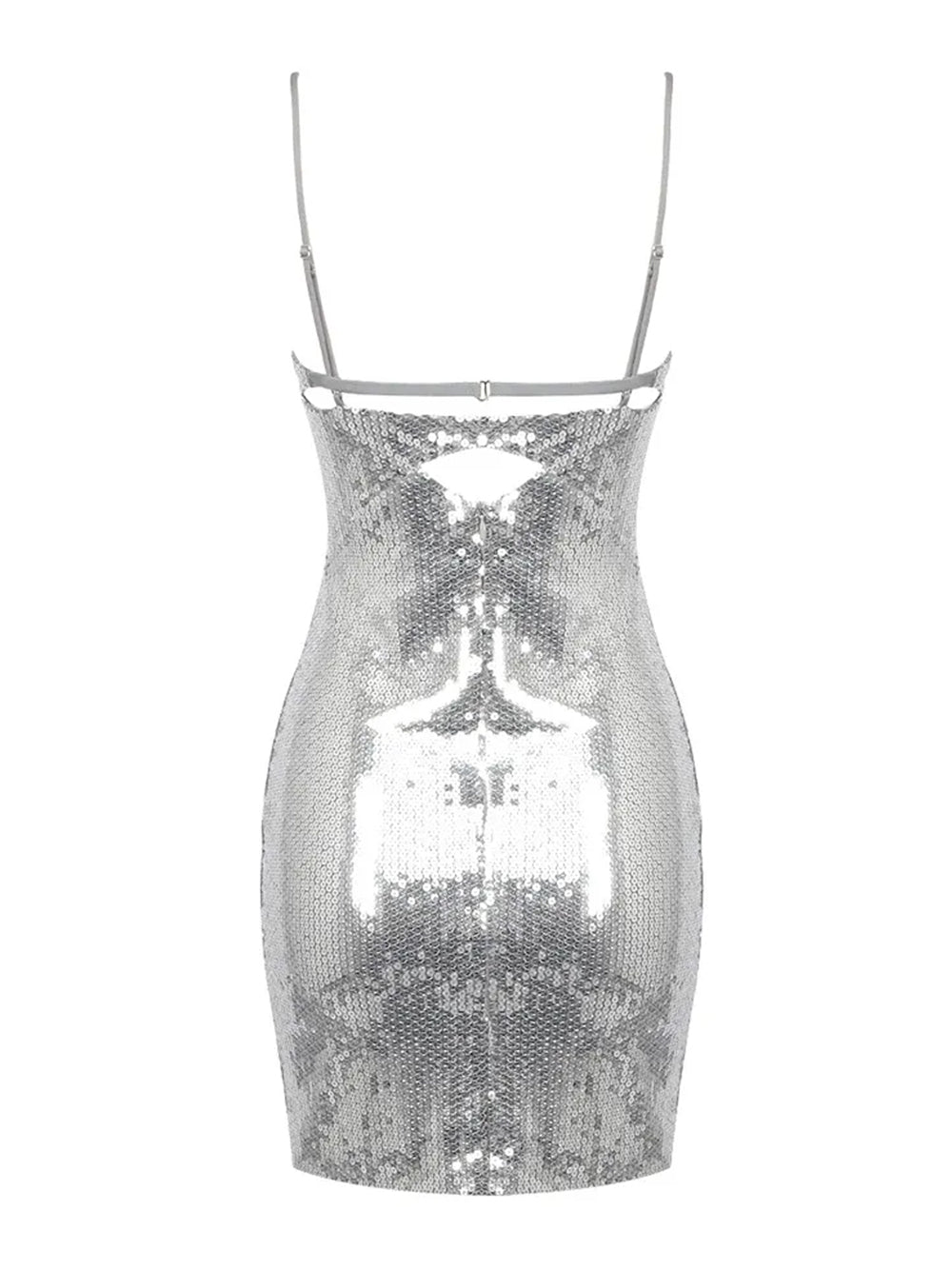 Silver Spaghetti Strap Sequin O-Ring Cutout Bodycon Mini Dress 2