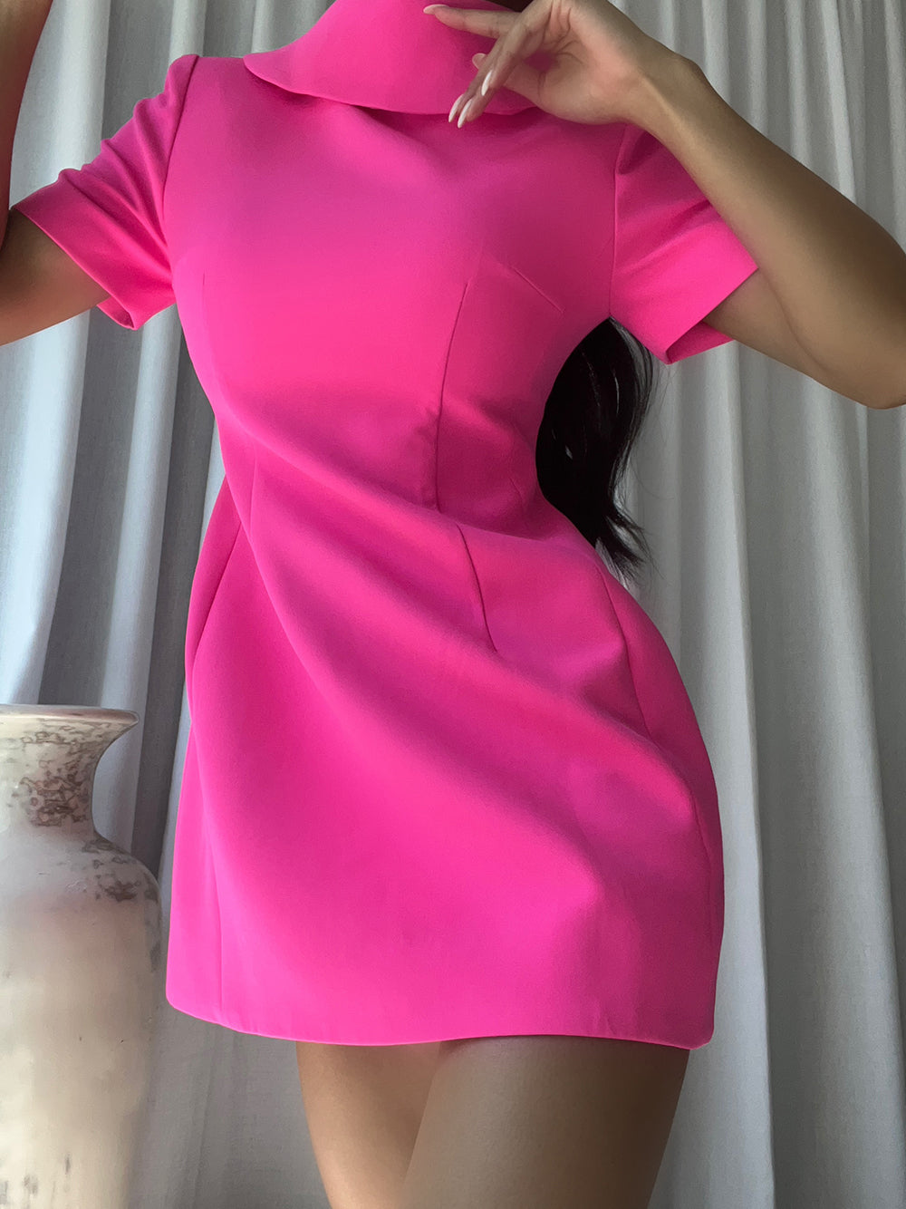 Fuchsia High Neck Cutout Short Sleeve A-Line Mini Dress 3