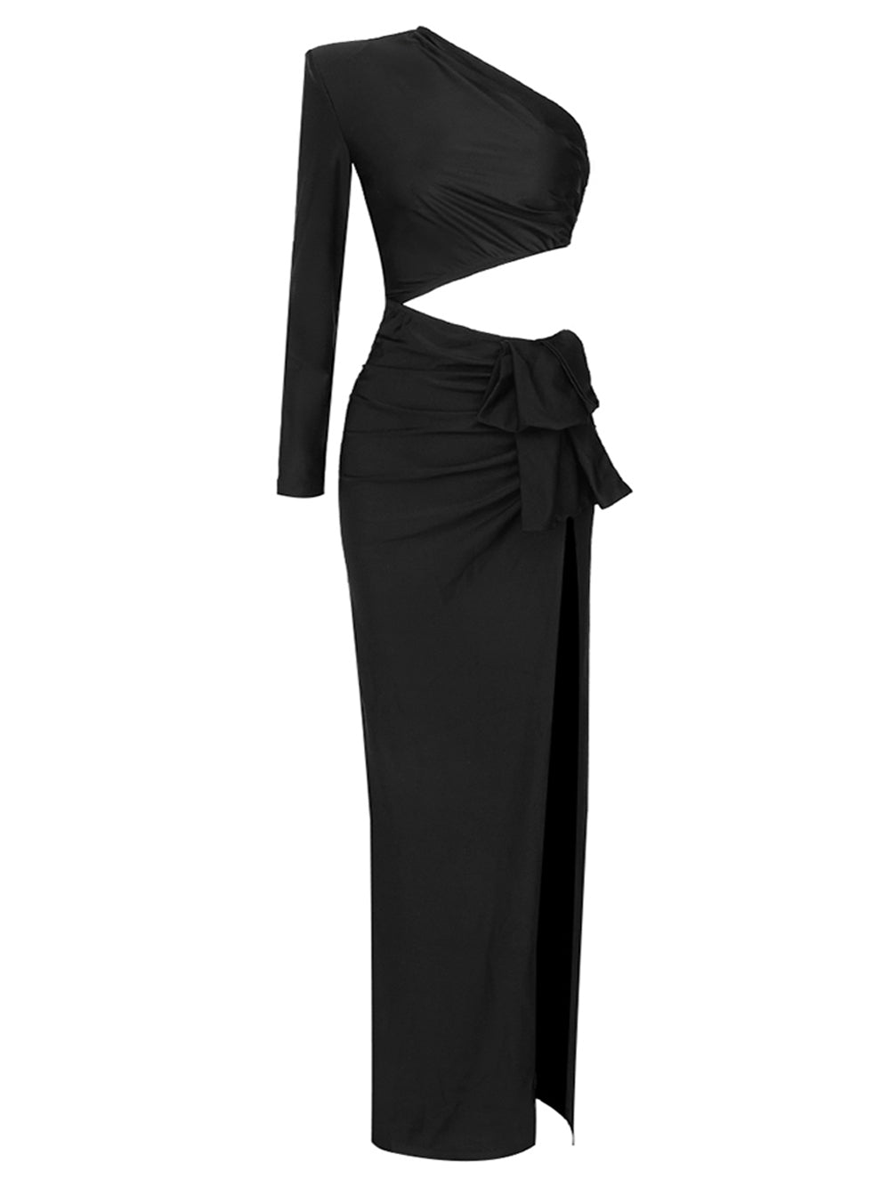 Black One Shoulder One Sleeve Cutout High Slit Bodycon Maxi Dress