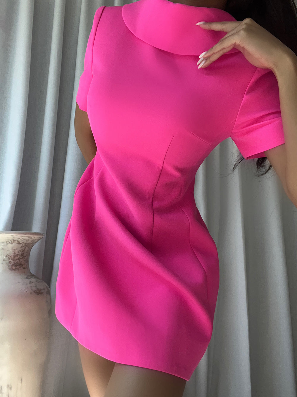 Fuchsia High Neck Cutout Short Sleeve A-Line Mini Dress 5
