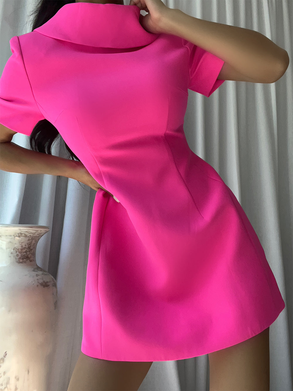 Fuchsia High Neck Cutout Short Sleeve A-Line Mini Dress