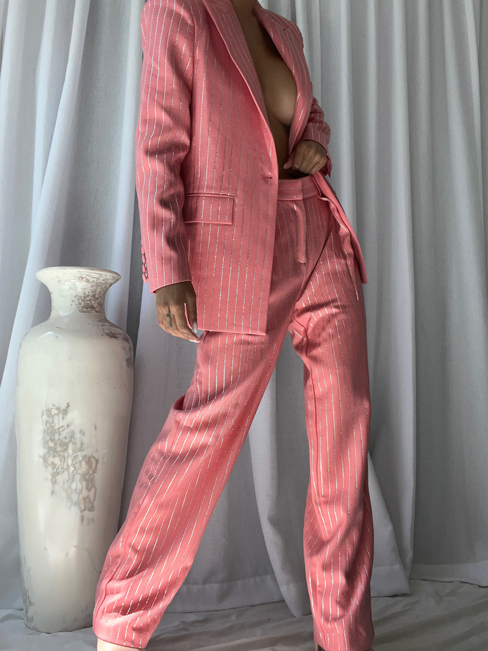 Pink Peak Lapel Rhinestone Pinstripe Oversized Blazer And Pants Set 13