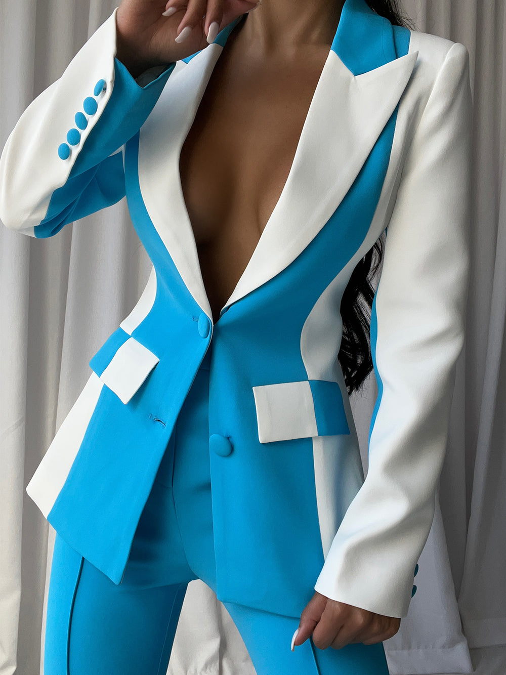 Blue Notch Lapel Colorblock Blazer and Slim Pants Set
