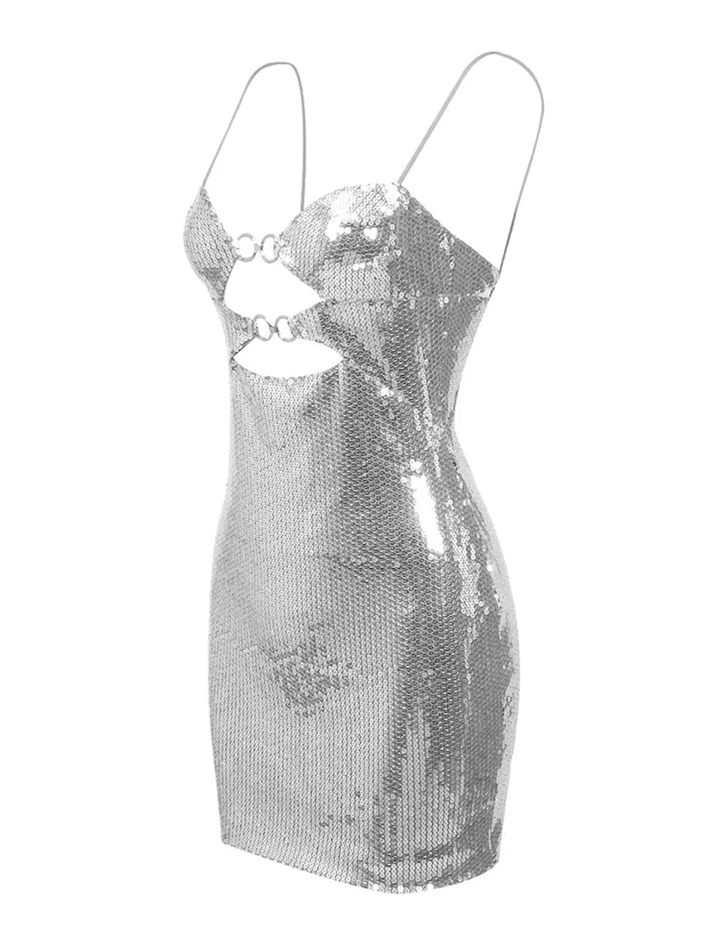 Silver Spaghetti Strap Sequin O-Ring Cutout Bodycon Mini Dress 3