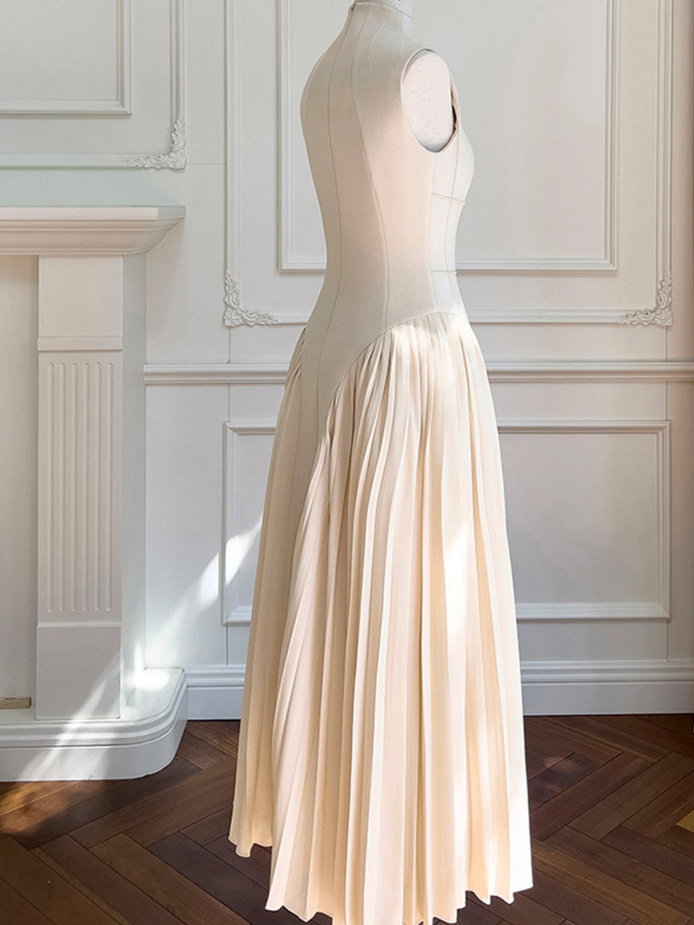 Apricot Mock Neck Sleeveless Grid Seam Pleated Fit And Flare Midi Dress