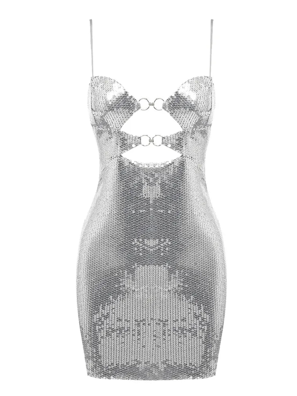 Silver Spaghetti Strap Sequin O-Ring Cutout Bodycon Mini Dress